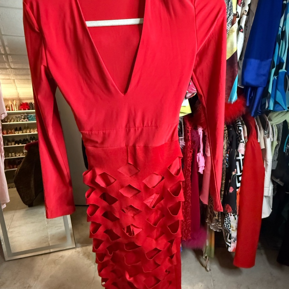 Chic Red Long Sleeve Dress with Layered Skirt